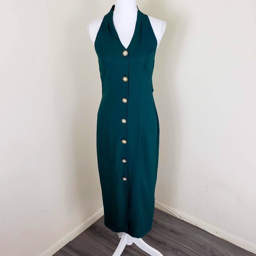 Vintage Knapp Studio Sleeveless Buttoned Halter Neck Dress Emerald Green Size 7